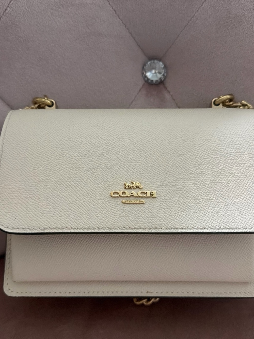 Coach Cream Leather Crossbody with Gold Logo and Chain
